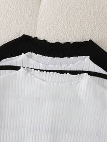 SHEIN 3件套少女休闲百搭条纹纯色黑白罗纹荷叶边高领T恤 - 黑與白 - 查看 3
