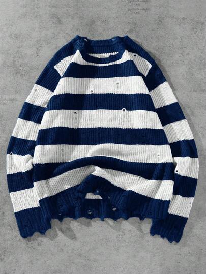 PAVTROS Men's Contrast Color Striped Crew Neck Long Sleeve Casual Sweater Striped Sweater Men Distressed Striped Sweater