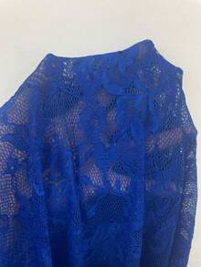 SHEIN Tall Plus Size Women Sexy Sheer Lace Long Sleeve Round Neck Casual Slim Fit Stretchy High-Low T-Shirt, Elegant Top For Women - Royal Blue - View 7