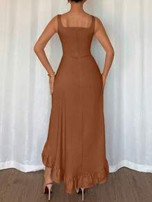 Rafferiza Women's Square Neck Ruffle Hem Asymmetric Dress - Brown - View 2