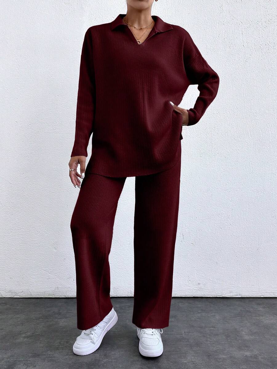 EURMUSE 2pcs/Set Solid Color Turn-Down Collar Sweater And Long Pants Outfit ,Petite Women - Burgundy - View 1
