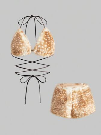 ROMWE Avant Ensemble 2 pièces de Top de bikini moelleux à imprimé de taches de cerf sexy et short super taille basse pour femmes