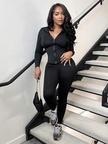 Alexandranx Black Two Pieces Set Sportswear Zip Up Jacket & Leggings - Black - View 7