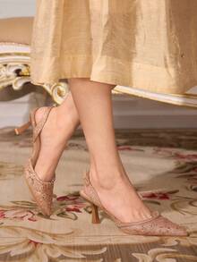 CUCCOO TILAWA Pointed Toe Rhinestone Embellished High Heel Shoes, Luxury Bridal Pumps - Champagne - View 6