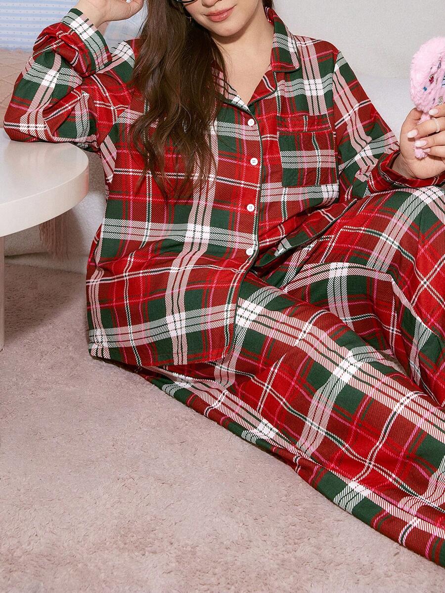 Slumberry CURVE 大码格子印花纽扣长袖睡衣套装,秋冬服装 - 彩色 - 查看 1
