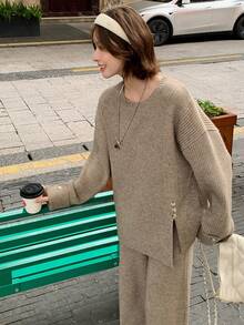 DAZY Women's Solid Color Round Neck Split Hem Casual Long Sleeve Sweater & Pants 2 Pieces Set, Autumn/Winter - Coffee Brown - View 6