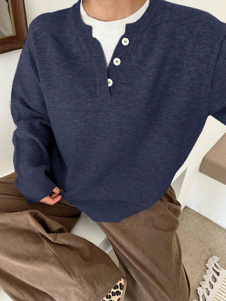 Dazy Plus Suéter holgado de 2 en 1 con bloque de color de contraste y decoración de botones, de moda informal, talla grande para mujer, otoño/invierno - Azul Marino - Ver 1