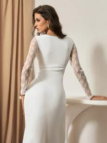 Bluhae Vestido casual de manga larga con parches de encaje de unicolor y minimalista para mujer - Blanco - Ver 2