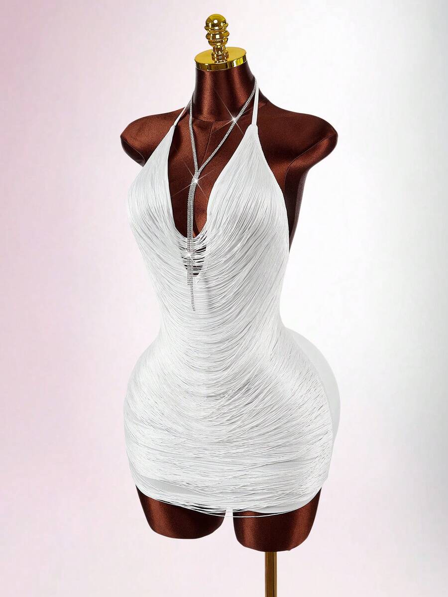 Amplova 女士纯色垂褶领露背无袖修身迷你连衣裙 - 白色 - 查看 1