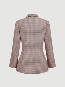 SHEIN MOD 秋冬格纹收腰女士长袖夹克和裤子休闲套装 - 酒紅色 - 查看 6