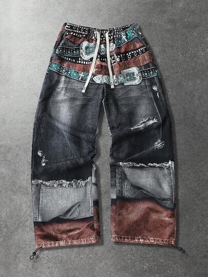 Street Life Men's Casual Denim Effect Print Drawstring Waist Streetwear Woven Pants