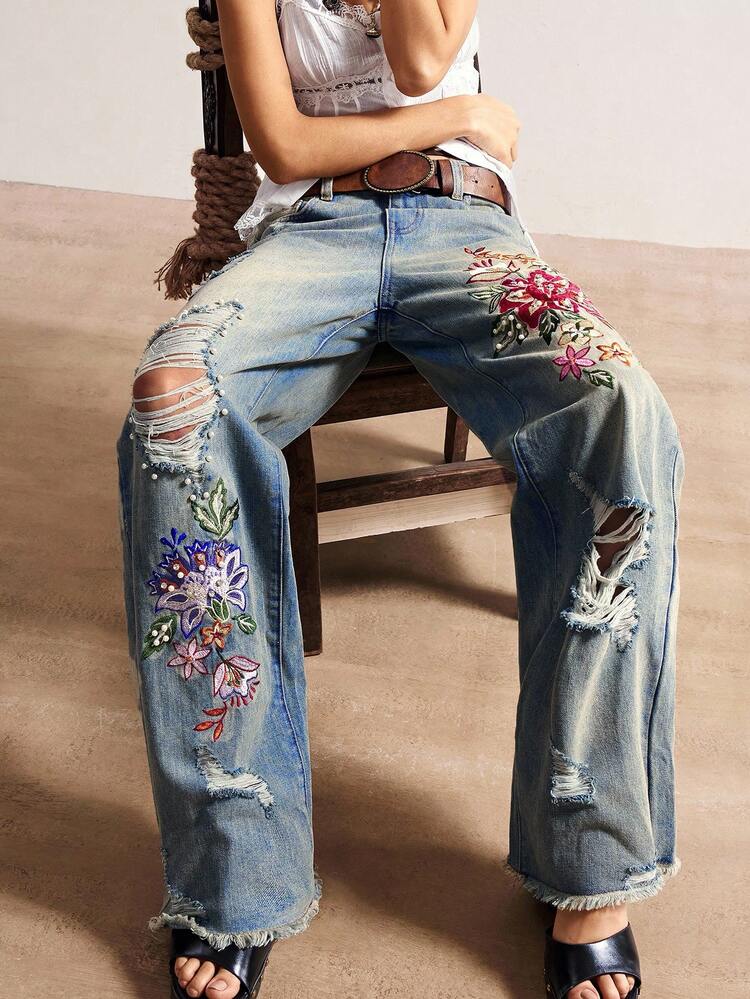 Bohemela BOHO Countryside Vacation Style Casual Woven Embroidered Beaded Loose Women Jeans - Medium Wash - View 1