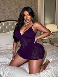 NU&NOW 大码时尚性感透视蕾丝拼接吊带连体衣 - 紫色 - 查看 7