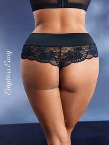 1pc Plus Size Solid Color Contrast Lace Panty Lingerie - Black - View 2