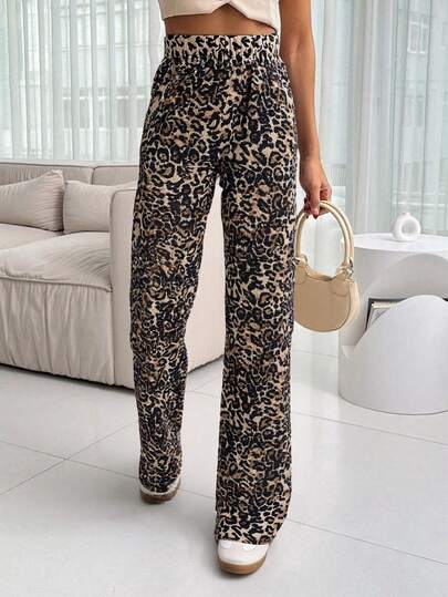 SHEIN Leopard Print High Waist Straight Leg Pants