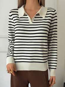 DAZY Striped Polo Neck Long Sleeve Casual & Formal Knit Top For Women, Autumn/Winter - White - View 4