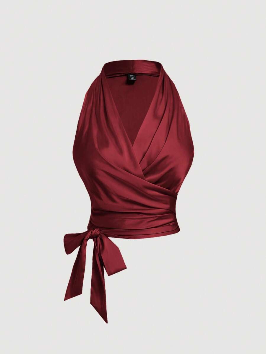 SHEIN MOD Top de tirantes sin mangas con nudo en la espalda y cruce en el frente en talla grande, color albaricoque vintage