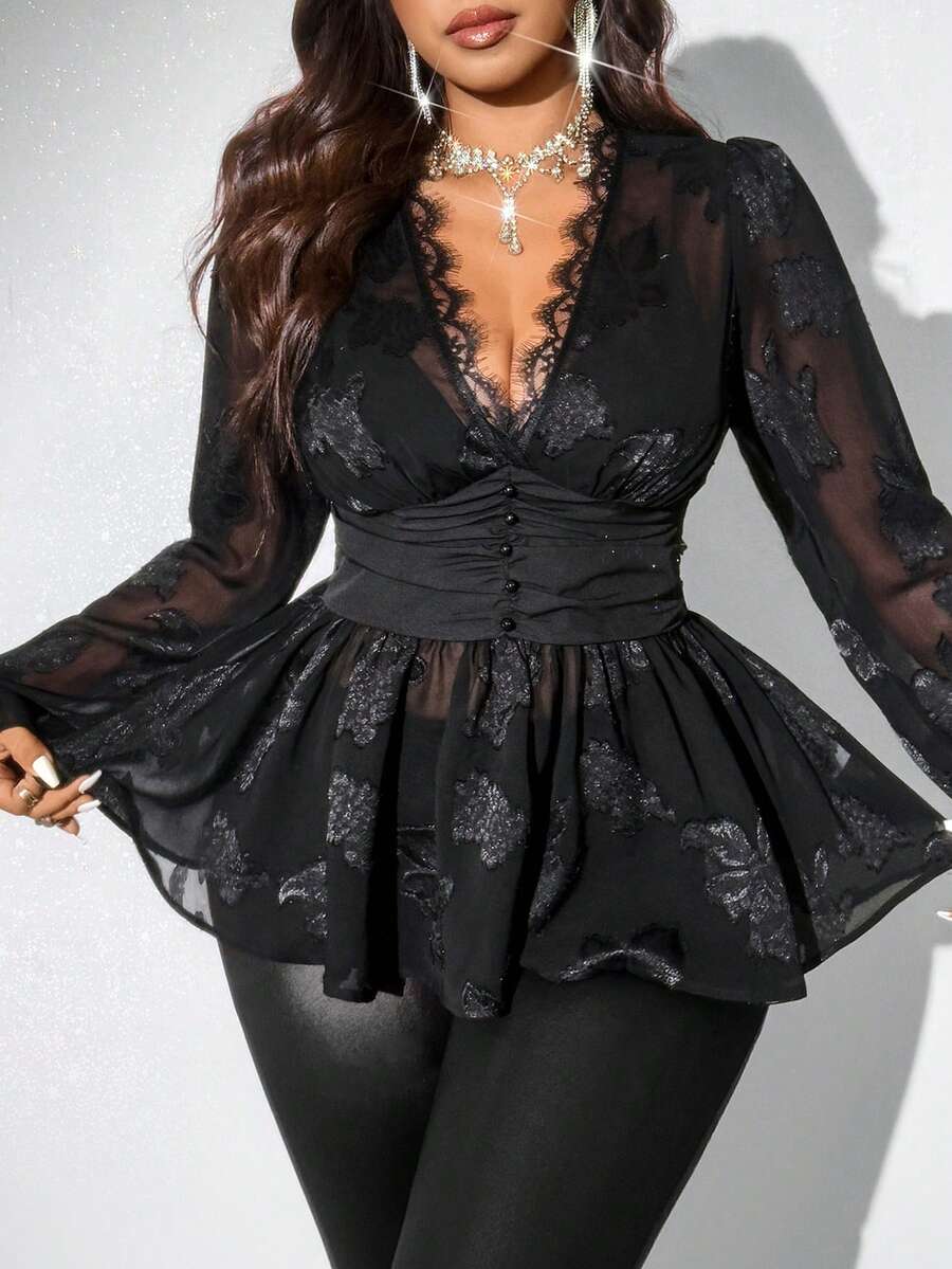 Viva Relle Blus Lengan Panjang Leher V Berkerut untuk Wanita Ukuran Plus - Hitam - View 1