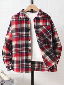 Leap Crew 男童休闲学院风格子翻领落肩贴袋长袖衬衫，适合圣诞节、日常穿着，兄弟款 - 彩色 - 查看 2