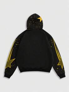 ROMWE MEN Street Life Áo hoodie dài tay có dây rút in hình ngôi sao và họa tiết phong cách punk mùa xuân, thích hợp cho nam giới, kiểu dáng thường ngày, phong cách Y2K, thích hợp cho mùa đông. - màu đen - Xem 2