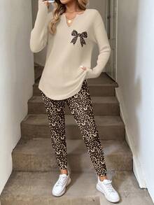 SHEIN LUNE Casual 2pcs/Set Women Long Sleeve T-Shirt And Leggings, Autumn/Winter - Multicolor - View 4