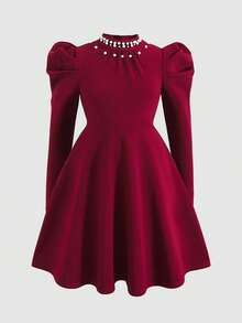 SHEIN Tween Girl Elegant Fitted Stand Collar Pearl Embellished Gigot Sleeve Ruffle Hem Long Sleeve Dress, Wine Red, Suitable For Christmas, New Year, And Everyday Wear, Autumn/Winter - Burgundy - View 3