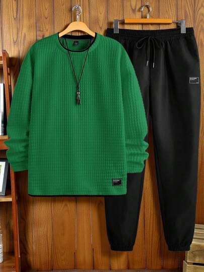 Manfinity VCAY Manfinity Modomio 2pcs Men's Knit Slim Fit Crew Neck Long Sleeve T-Shirt And Elastic Waist Straight Leg Casual Pants Set, Suitable For Autumn And Winter Men Tracksuit