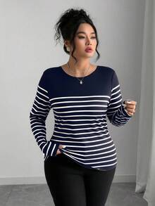 Elenzga Áo thun nữ kẻ sọc khoét lỗ nơ cỡ lớn, thích hợp mặc vào mùa xuân/hè, áo dài tay, áo nơ, áo hở lưng, áo hở lưng - Màu xanh hải quân - Xem 3