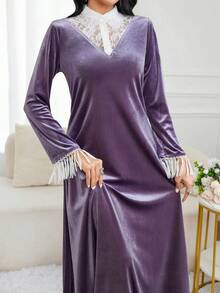 Al Najma 女式优雅撞色蕾丝流苏袖口天鹅绒阿拉伯风格连衣裙，秋季 - 彩色 - 查看 8