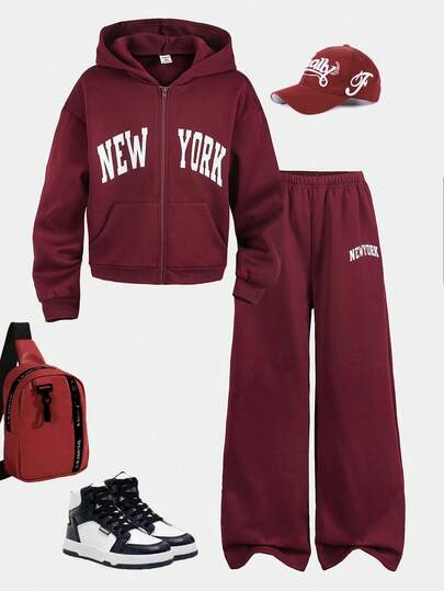 2件套少女字母数字印花连帽拉链卫衣和裤子套装