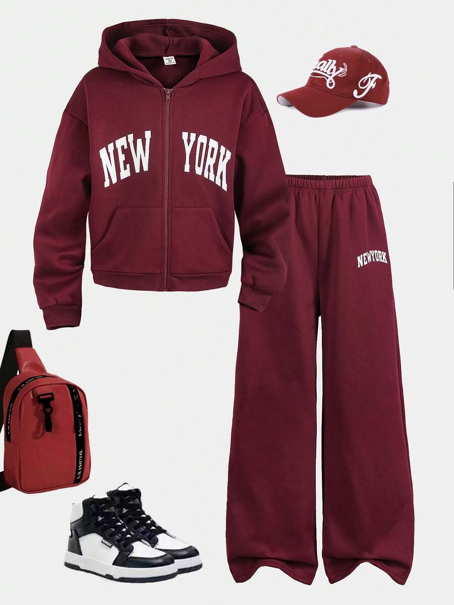 2件套少女字母数字印花连帽拉链卫衣和裤子套装