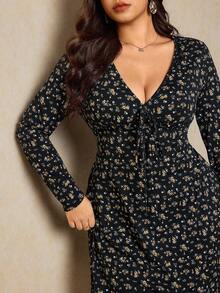 Elaquor Plus Size Women Ditsy Floral Front Tie Long Sleeve Casual Dress/Valentine's Day Spring - Black - View 5