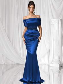 Coutiva Đầm dạ hội nữ thanh lịch, trễ vai, phối ren, kiểu dáng trang trọng, thích hợp cho ngày Valentine. - Xanh đậm - Xem 7