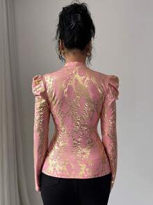 Elenzga 25+ 款女士金属亮片粉色针织立领镂空泡泡袖修身豹纹衬衫，优雅派对上衣，女士冬季 - 粉色 - 查看 2