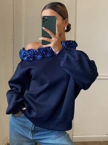 DAZY Fleece Patchwork Contrast Color Pleated Ruffle Oblique Shoulder Loose Long Sleeve Casual Sweatshirt For Women, Autumn/Winter - Navy Blue - View 4