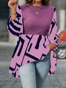 SHEIN Clasi Plus Size Women Heart Print Patchwork Striped Lantern Sleeve Casual Top  Blusas Para Mujer Blusas Casuales Para Dama Heart Shirt Spring To Summer Striped Shirt Casual Women Outfits Graphic Blusa - Purple - View 5