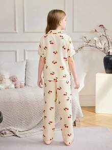 SHEIN 女童泡泡樱花印花短袖睡衣套装 - 黃色 - 查看 3