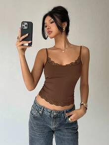 Aloruh Casual Versatile Solid Color Lace Trim Camisole, Summer Everyday Coffee Brown - Coffee Brown - View 7