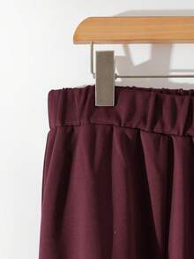 SHEIN PETITE CURVE Women's Plus Size Solid Color Vintage Burgundy Cinched Waist Zip-Up Jacket + Elastic Waist Wide Leg Pants Casual Elegant 2 Pieces Set, Autumn/Winter - Burgundy - View 8