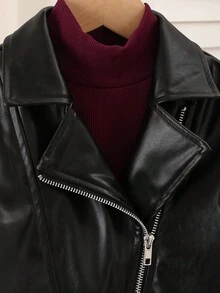 女孩时尚黑色PU皮夹克半身裙套装，质地柔软亮泽，短款机车夹克带领，金属拉链，松紧腰半身裙，时尚街头风穿搭，适合秋冬季女孩。 - 黑色 - 查看 3