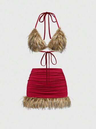 ROMWE Avant Conjunto de 2 piezas de estilo hippie chic con sujetador triangular de peluche y pantalones de talle súper bajo con cordón para mujer