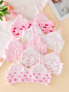 5件套少女简约花卉、樱桃、蝴蝶结印花甜美文胸，带可拆卸胸垫