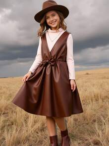 SHEIN 2pcs/Set Casual Commuting Outfit For Teens: PU Bow Skirt & Ribbed Knit Bodycon Dress - Coffee Brown - View 10