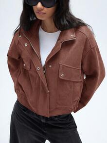 Aveloria GENKIRA New Autumn/Winter Suede Fleece Jacket, Loose Fit With Wide Collar, Decorative Stitching, Elastic Hem Design, Commuting Casual Jacket - Brown - View 5