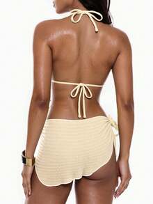 Swim Basics Women's Summer Beach Solid Color Halter Tie Sexy Bikini Swimsuit Set, Includes Cover-Up And Skirt 3-Piece Set