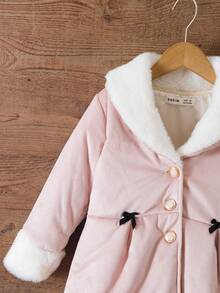 SHEIN Vintaside Kids 女孩都市优雅毛绒面料+毛绒内衬超大领口，金属纽扣装饰，腰部蝴蝶结点缀，厚款中长外套