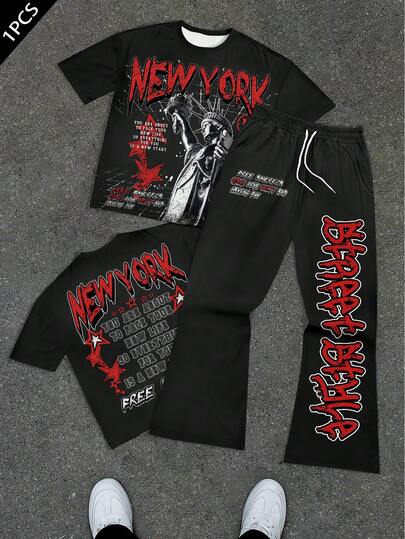 Manfinity Roghcode 2pcs Men's Letter & Statue Of Liberty Graphic American Street Style Round Neck Short Sleeve T-Shirt And Flared Sweatpants Set