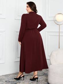 Modelyn Plus Size Elegant Metal Flower Decor Waist Cinched Long Sleeve Dress, Autumn - Burgundy - View 2