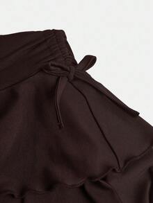 SHEIN Girlism Tween Girl Street Casual Solid Color Drawstring Waist Pleated Hem Skirt Fall Winter - Brown - View 3