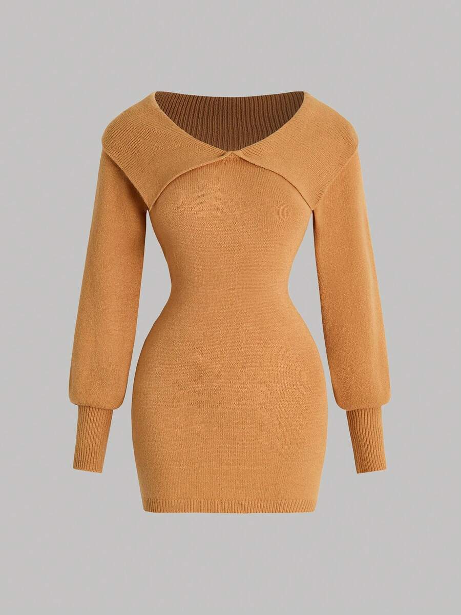SHEIN Unity Women's Solid Color Italian Collar Casual Long Sleeve Sweater Dress, Autumn/Winter - Khaki - View 1